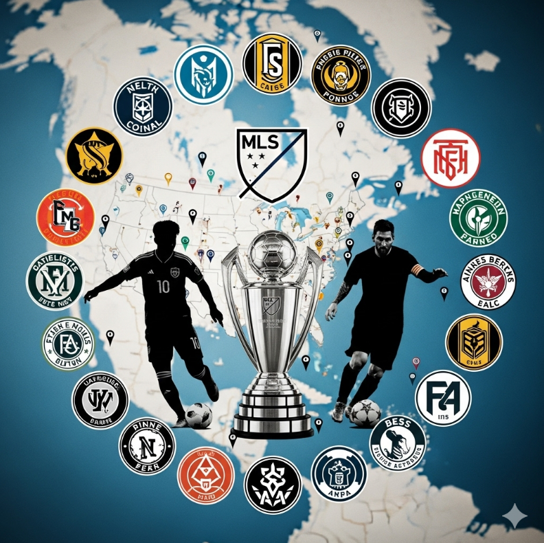 MLS 2025 시즌 전체 팀 로고를 원형 배치로 구성한 콜라주 이미지. MLS 2025 시즌 전체 팀 로고를 원형 배치로 구성한 콜라주 이미지.