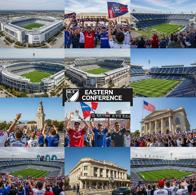 이스턴 컨퍼런스 팀들의 홈 경기장 사진 몽타주. 각 팀 스타디움의 독특한 건축과 팬 응원 장면. 이스턴 컨퍼런스 팀들의 홈 경기장 사진 몽타주. 각 팀 스타디움의 독특한 건축과 팬 응원 장면.
