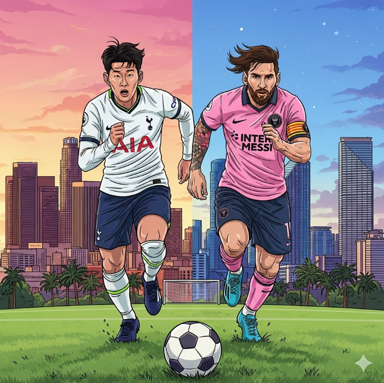손흥민과 메시의 맞대결 상상 일러스트. 두 선수가 공을 향해 달리는 장면, 배경에 LA와 마이애미 스카이라인. 손흥민과 메시의 맞대결 상상 일러스트. 두 선수가 공을 향해 달리는 장면, 배경에 LA와 마이애미 스카이라인.