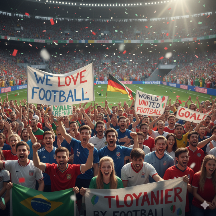 전 세계 축구 팬들이 경기장에서 응원하는 모습을 담은 생동감 넘치는 사진. 다양한 국적의 팬들이 팀 유니폼을 입고 열정적으로 플래카드를 들고 있는 장면으로, 축구의 글로벌 매력을 강조. 전 세계 축구 팬들이 경기장에서 응원하는 모습을 담은 생동감 넘치는 사진. 다양한 국적의 팬들이 팀 유니폼을 입고 열정적으로 플래카드를 들고 있는 장면으로, 축구의 글로벌 매력을 강조.